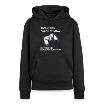 Gamer "Ich lasse nicht nach, ich arbeite an XP" - Frauen Premium Bio Hoodie - Schwarz - Vorne - Julia (174cm)
