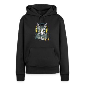 Jili le chat audiophile - Sweat à capuche Premium bio Femme - noir - Devant - Julia (174cm)