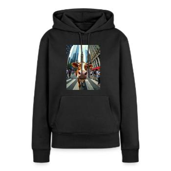 Selfie de vache drôle sur un strass de ville animée - Sweat à capuche Premium bio Femme - noir - Devant - Julia (174cm)