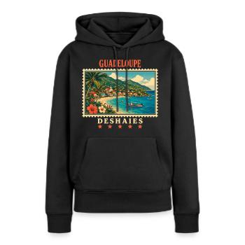 Marque de voyage vintage Guadeloupe Deshaies - Sweat à capuche Premium bio Femme - noir - Devant - Julia (174cm)