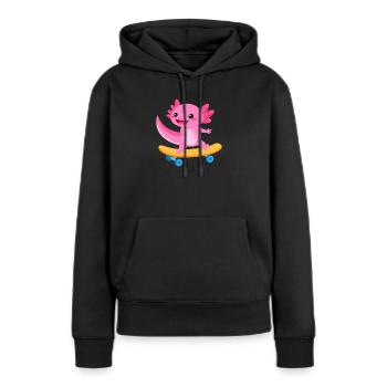 Rosa Kawaii-Axolotl auf dem Skateboard – Cool - Frauen Premium Bio Hoodie - Schwarz - Vorne - Julia (174cm)