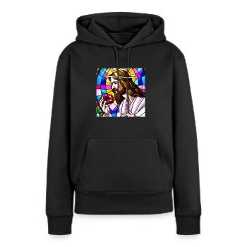 AI Shirt - Jesus eating a donut on a church window - Women’s Premium Organic Hoodie - black - Front - Julia (174cm)