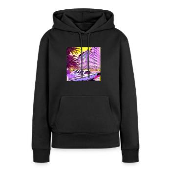 Boot vor Hochhaus in Abendsonnenschein - Frauen Premium Bio Hoodie - Schwarz - Vorne - Julia (174cm)