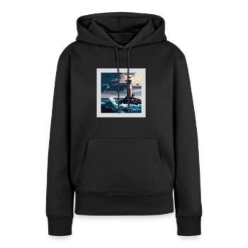 Phare avec mouette dans une mer orageuse en pixel art - Sweat à capuche Premium bio Femme - noir - Devant - Julia (174cm)
