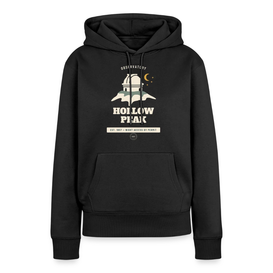 Hollow Peak badge on a women’s premium organic hoodie, black, front