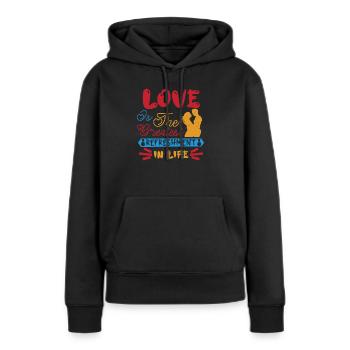 L’AMOUR EST LE PLUS GRAND RAFRAÎCHISSEMENT DE LA VIE - Sweat à capuche Premium bio Femme - noir - Devant - Julia (174cm)