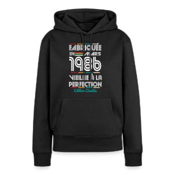 40-jähriges Jubiläum – Hergestellt im März 1986 - Frauen Premium Bio Hoodie - Schwarz - Vorne - Julia (174cm)