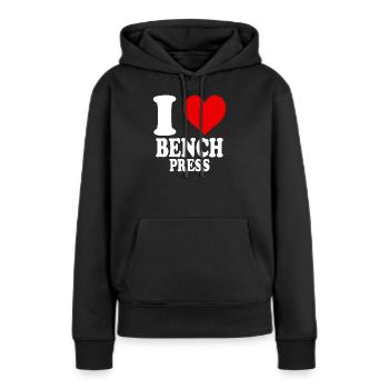 J’adore le développé couché, la salle de sport, le bodybuilding, le fitness - Sweat à capuche Premium bio Femme - noir - Devant - Julia (174cm)