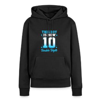 19e anniversaire Dix ans de naissance Date de naissance Date de naissance - Sweat à capuche Premium bio Femme - noir - Devant - Julia (174cm)