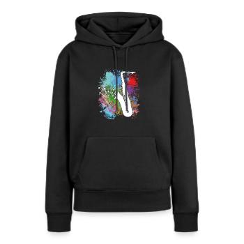 Saxofon auf Farbklecksen - Frauen Premium Bio Hoodie - Schwarz - Vorne - Julia (174cm)