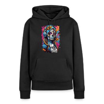 Totenkopfmädchen mit Kopfhörern - Frauen Premium Bio Hoodie - Schwarz - Vorne - Julia (174cm)