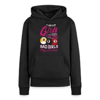 Les bonnes filles jouent aux pompons Les mauvaises filles jouent au billard - Sweat à capuche Premium bio Femme - noir - Devant - Julia (174cm)