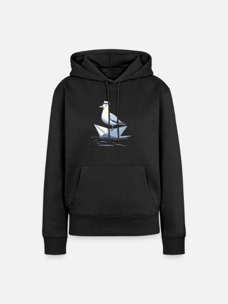 Möwe mit Hut in Papierschiffchen, Moin - Frauen Premium Bio Hoodie - Schwarz