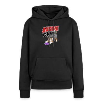 Aussie On! Verspielter Frisb-Hund - Frauen Premium Bio Hoodie - Schwarz - Vorne - Julia (174cm)