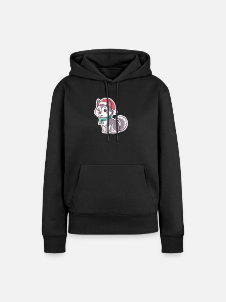 Festlicher Husky mit rotem Hut - Frauen Premium Bio Hoodie - Schwarz