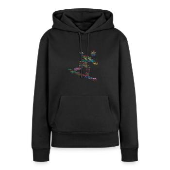 Skigebiete, Wortwolke, Snowboard - Frauen Premium Bio Hoodie - Schwarz - Vorne - Julia (174cm)