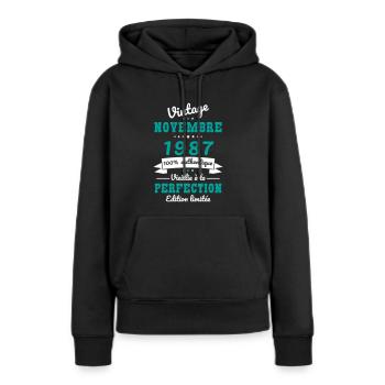 Anniversaire 35 ans - Novembre 1987 Vintage - Sweat à capuche Premium bio Femme - noir - Devant - Julia (174cm)