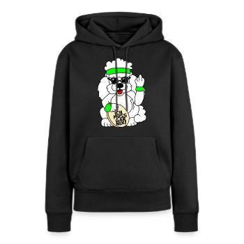 Winkepudel mit Stinkefinger "Ich muss gar nix!" - Frauen Premium Bio Hoodie - Schwarz - Vorne - Julia (174cm)