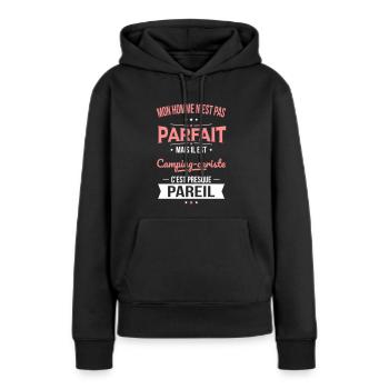 Mon homme pas parfait mais il est camping-cariste - Sweat à capuche Premium bio Femme - noir - Devant - Julia (174cm)