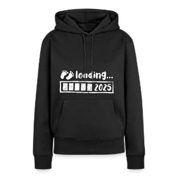 Bébé 2025 loading - Grossesse - Cadeau - Sweat à capuche Premium bio Femme - noir - Devant - Julia (174cm)