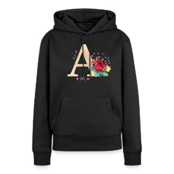 Lettre initiale lettre A initiales roses - Sweat à capuche Premium bio Femme - noir - Devant - Julia (174cm)