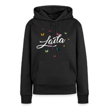 LAILA - Nom de fille avec des papillons colorés - Sweat à capuche Premium bio Femme - noir - Devant - Julia (174cm)