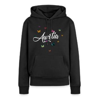 AURELIA - Nom de fille avec des papillons colorés - Sweat à capuche Premium bio Femme - noir - Devant - Julia (174cm)