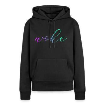 Self-deprecating saying: WOKE - Women’s Premium Organic Hoodie - black - Front - Julia (174cm)
