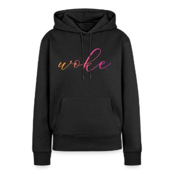 Autodérision : WOKE - Sweat à capuche Premium bio Femme - noir - Devant - Julia (174cm)