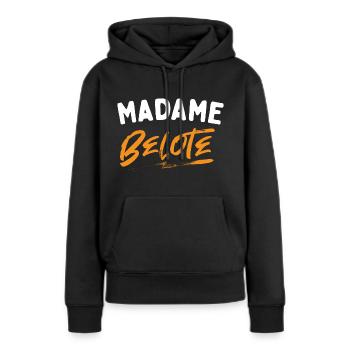 Madame belote Cadeau humour personnalisé - Sweat à capuche Premium bio Femme - noir - Devant - Julia (174cm)