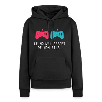 Le nouvel appart de mon fils - Sweat à capuche Premium bio Femme - noir - Devant - Julia (174cm)