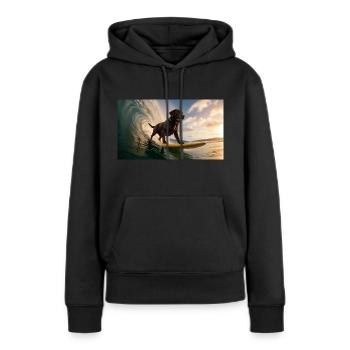 Surfin’ Bella – Der Labrador auf Wellenjagd - Frauen Premium Bio Hoodie - Schwarz - Vorne - Julia (174cm)