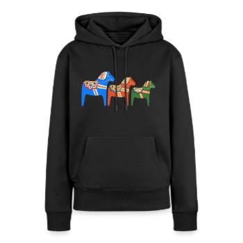 3 chevaux Dala alignés en orange, bleu et vert - Sweat à capuche Premium bio Femme - noir - Devant - Julia (174cm)