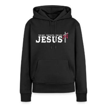 Jesus - Der Weg Die Wahrheit Das Leben - Erlöst - Frauen Premium Bio Hoodie - Schwarz - Vorne - Julia (174cm)