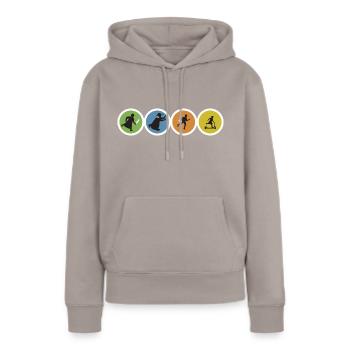 lustige Aufkleber in der Bim, Straßenbahn, Tramway - Frauen Premium Bio Hoodie - Taupe - Vorne - Julia (174cm)