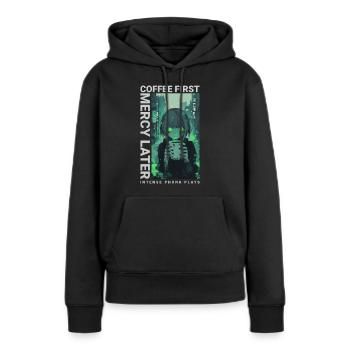 Café d'abord, Miséricorde plus tard, style anime Vaporwave - Sweat à capuche Premium bio Femme - noir - Devant - Julia (174cm)
