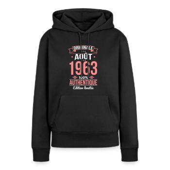 Anniversaire 60 ans - Originale - Août 1963 - Sweat à capuche Premium bio Femme - noir - Devant - Julia (174cm)