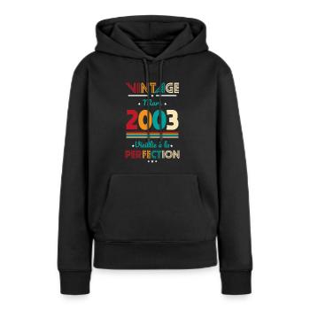 Anniversaire 20 ans - Vintage - Mars 2003 - Sweat à capuche Premium bio Femme - noir - Devant - Julia (174cm)