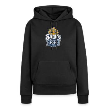 Samos 2026 Sonnensymbol Logo - Frauen Premium Bio Hoodie - Schwarz - Vorne - Julia (174cm)