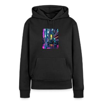 Chrom Motorrad in Neon City - Frauen Premium Bio Hoodie - Schwarz - Vorne - Julia (174cm)