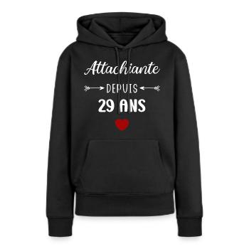 Attachiante depuis 29 ans - Sweat à capuche Premium bio Femme - noir - Devant - Julia (174cm)