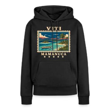 Marque de voyage vintage Mamanuca aux Fidji - Sweat à capuche Premium bio Femme - noir - Devant - Julia (174cm)
