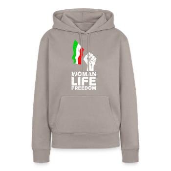 Femme, vie, liberté | Libérez l’Iran ! | Avec drapeau - Sweat à capuche Premium bio Femme - taupe - Devant - Julia (174cm)