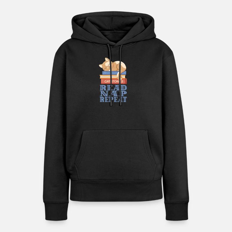 Chat endormi et livres - Sweat à capuche Premium bio Femme - noir