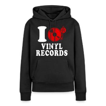 J’aime les disques vinyles coeur drôle spirituel - Sweat à capuche Premium bio Femme - noir - Devant - Julia (174cm)