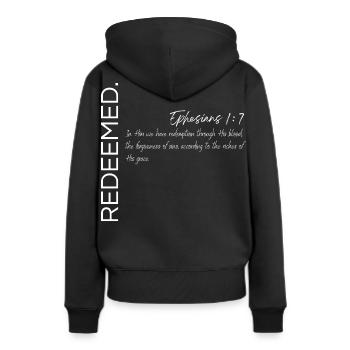 Erlöst - Epheser 1:7 Christlicher Plan - Frauen Premium Bio Hoodie - Schwarz - Hinten - Julia (174cm)