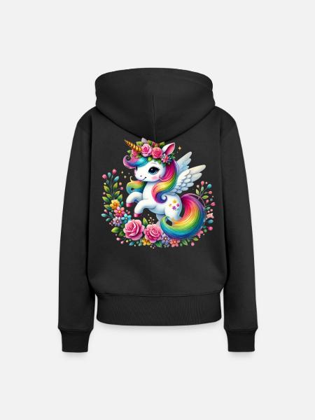 Regenbogen Fleur Einhorn - Frauen Premium Bio Hoodie - Schwarz