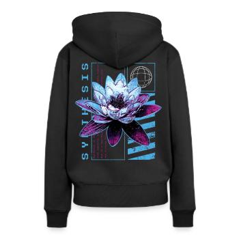 Lotus Synthesis - Techno rave outfit DJ Festival - Sweat à capuche Premium bio Femme - noir - Dos - Julia (174cm)