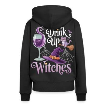 Hexenparty mit Stil – T-Shirt mit Katze & Wein - Frauen Premium Bio Hoodie - Schwarz - Hinten - Julia (174cm)