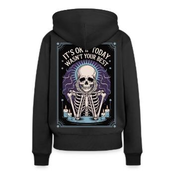 Skelett Tarot Shirt – Es ist okay - Frauen Premium Bio Hoodie - Schwarz - Hinten - Julia (174cm)